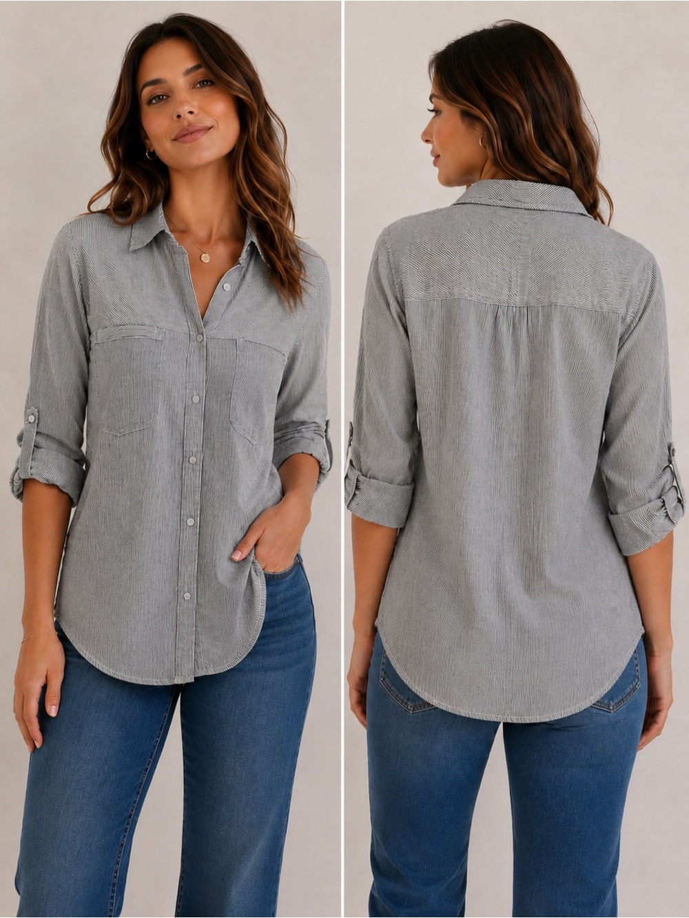 Dynamite Lightweight Gray Button-Front Roll-Sleeve Shirt